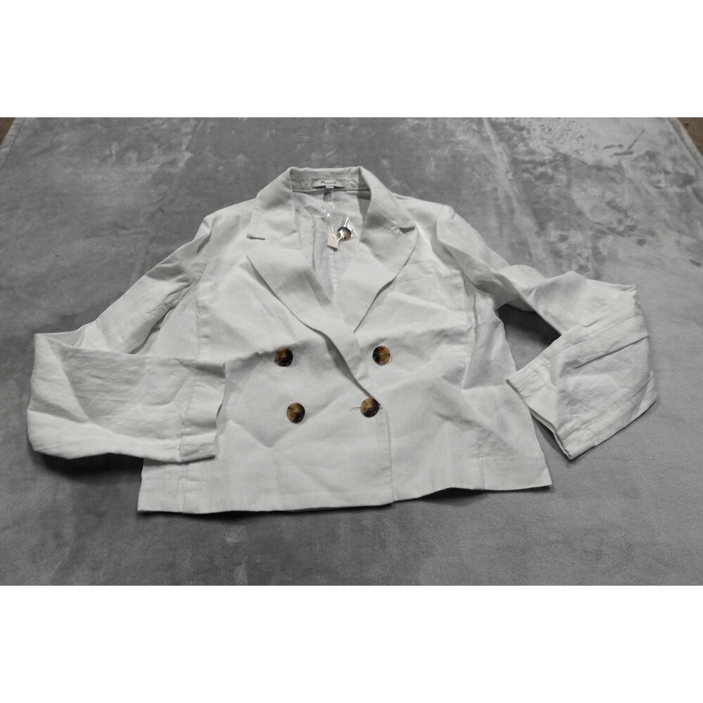 Madewell Size 4 White Salt 100% Linen Double Breasted Cropped Blazer NWT